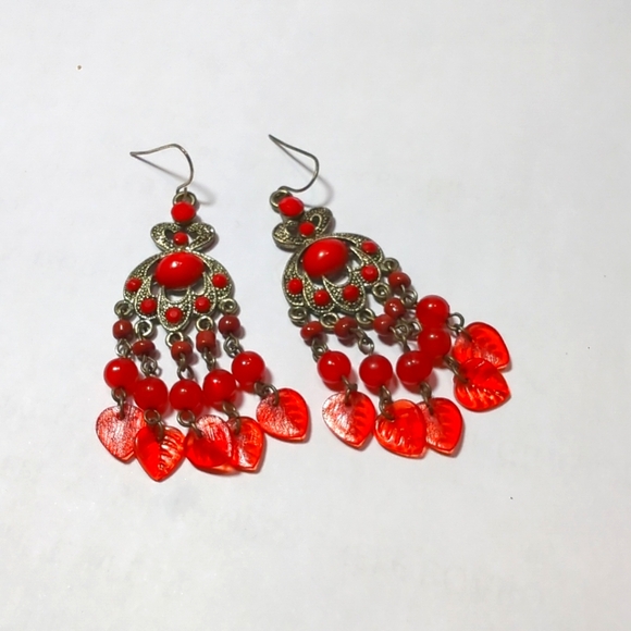 Red Dangle Drop Chandelier Earrings New 2 1/2" Long - Picture 1 of 7